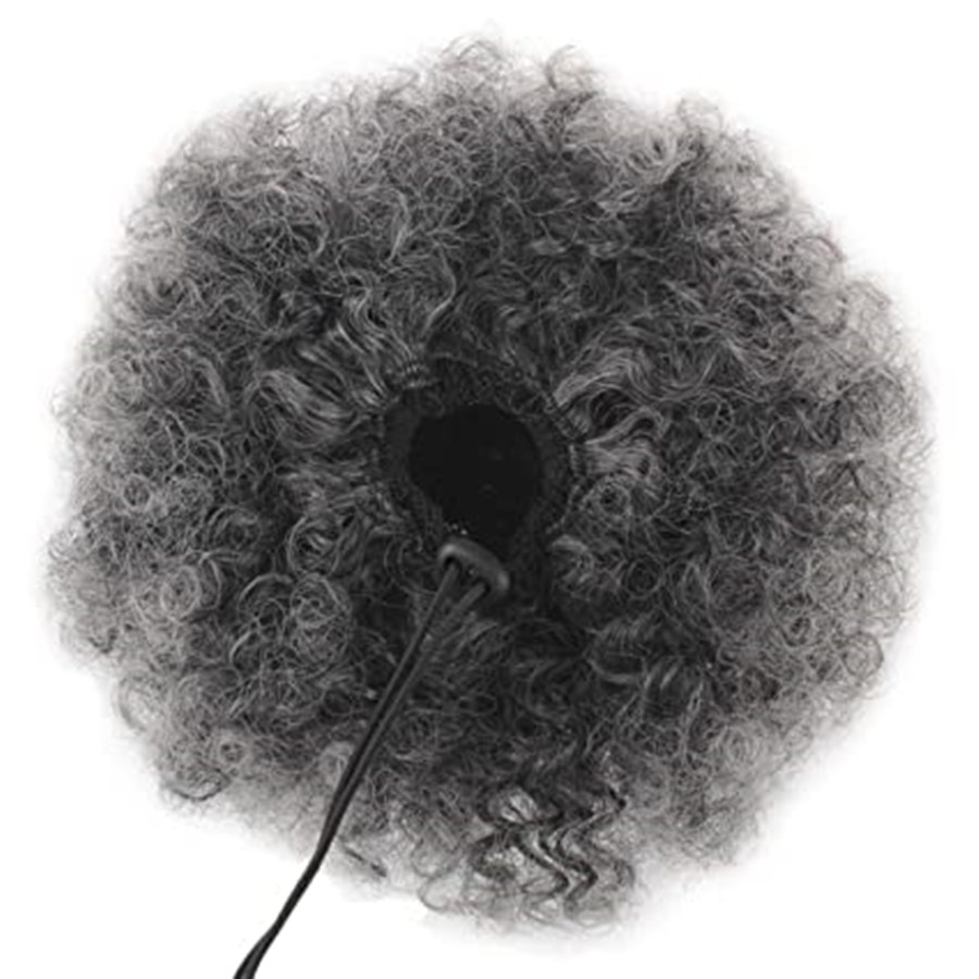 4C afro grey kinky curly puff ponytail updo women hair topper hair extension with drawstring two combs salt and pepper natural gray hairpiece 120g