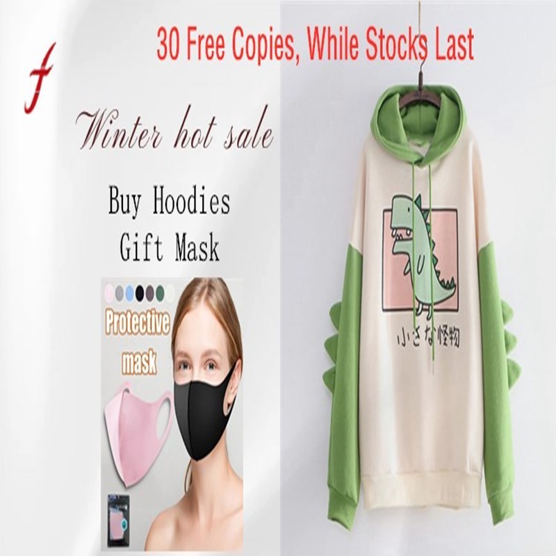 Dinosaur Sweatshirts Women Hoodies Warm Pullovers Tops With Horns Harajuku Hooded Girls Teens Cute Kawaii Hooded Sweatshirts New