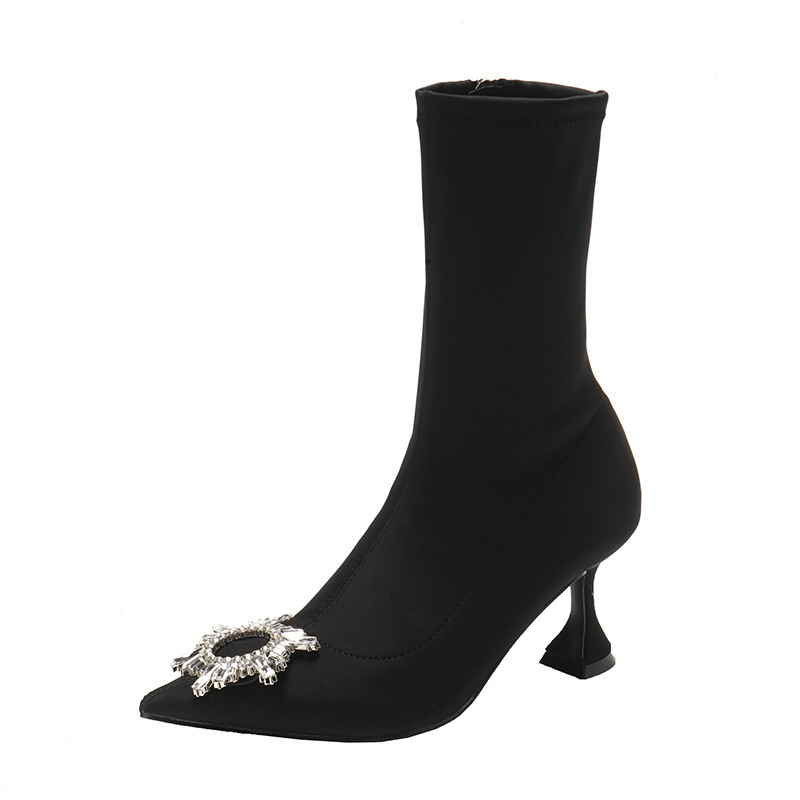H9 cm 2025 Winter New Thicken Women's Knitted Boots Fashion Water Rhinestone Hlaf Boots High Heels Pointed Toe Shoes Runway Style