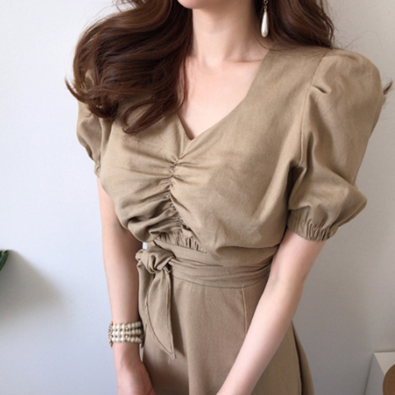 Gaganight Vintage Women Two Pieces Set Ruched Short Blouse Lace Up Long Solid Skirt Fashion Summer Lady Suit Korean 2 Pieces Set