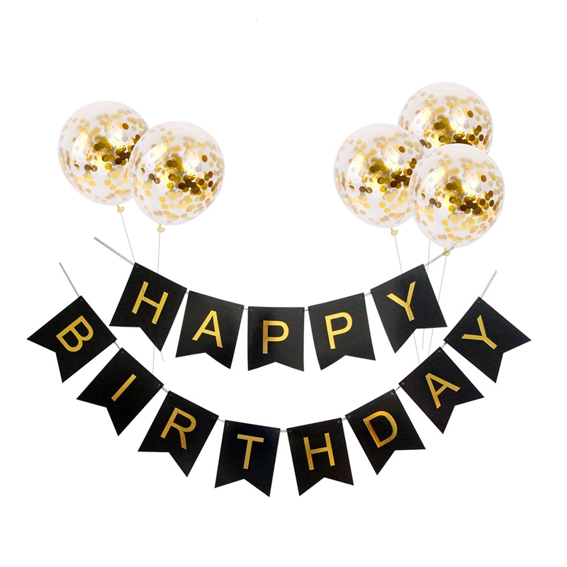 6pcs/lot Gold Confetti Balloons 12inch Inflatable Birthday Ballon White Happy Birthday Banner Party Decoration Supplies