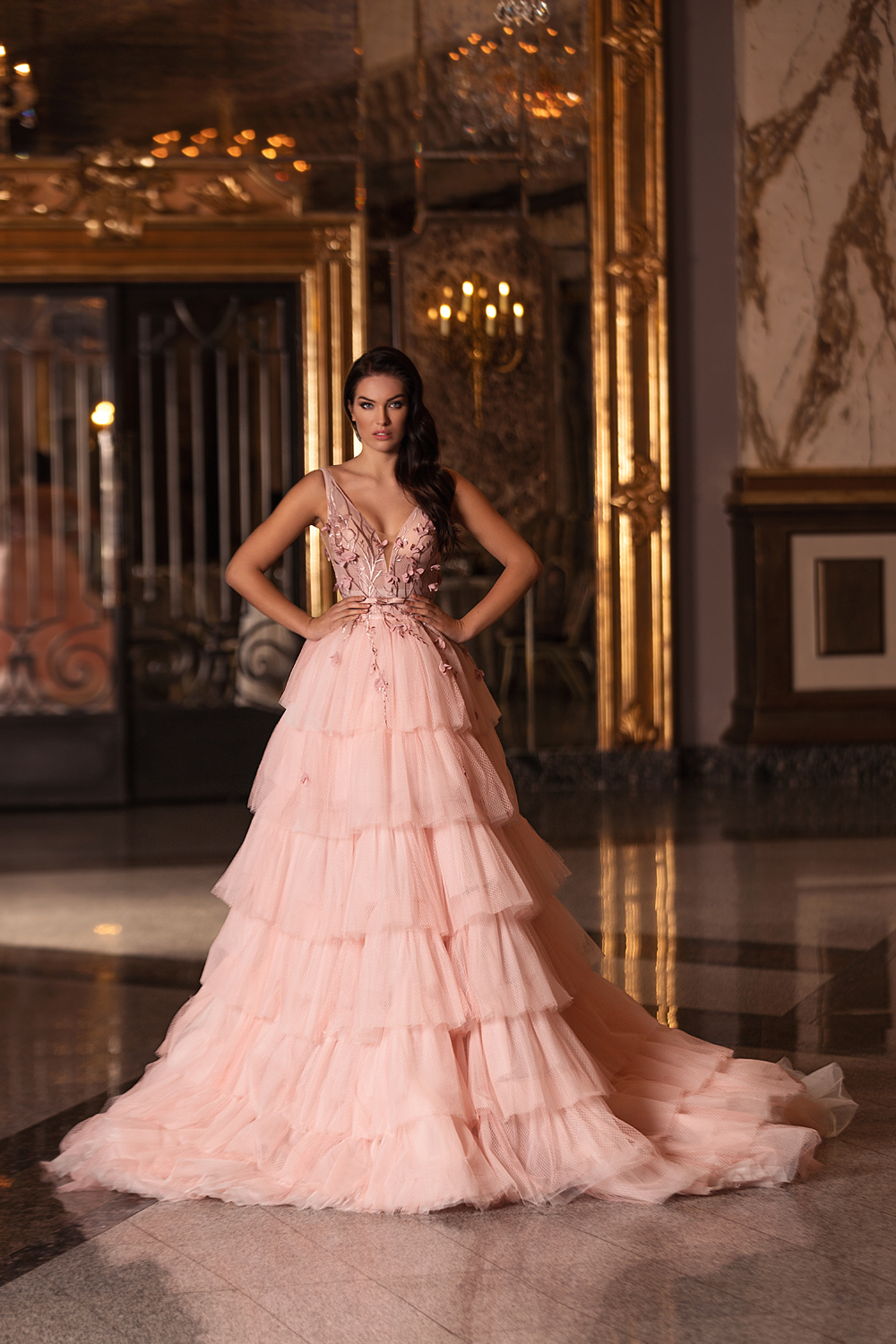 pink aline evening dress sexy vneck appliqued formal prom dress hot sale tiered tulle sweep train custom made runway fashion dress
