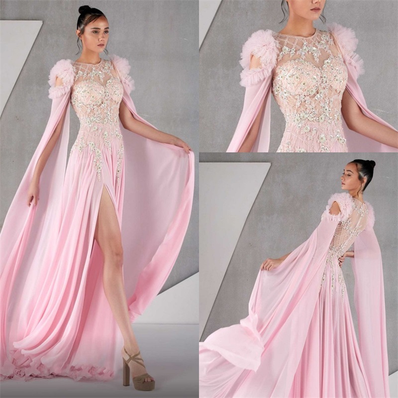 Pink Chiffon Prom Dresses Jewel Neck Appliqued Beads Evening Dress Sexy Side-split Plus Size Sweep Train Custom Made Party Dress