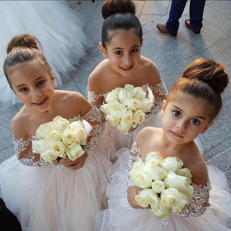 Illusion Puffy Lace Lovely Flower Girl Dresses For Weddings Graduation Gowns Long Sleeve Children Birthday Communion Gown Z93 0510