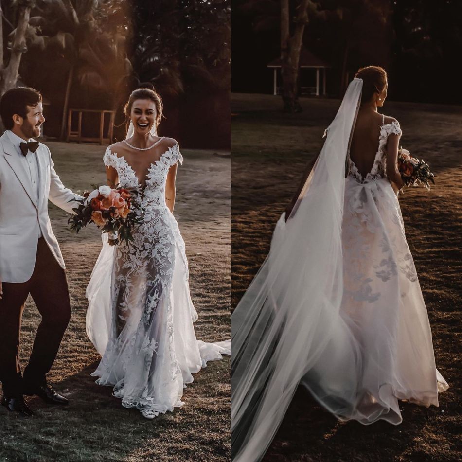 Bohemian A Line Wedding Dresses 2021 IllusionSheer Neck Short Sleeve Lace Appliques Bridal Gowns Plus Size Vestido De Noiva Wedding Dress