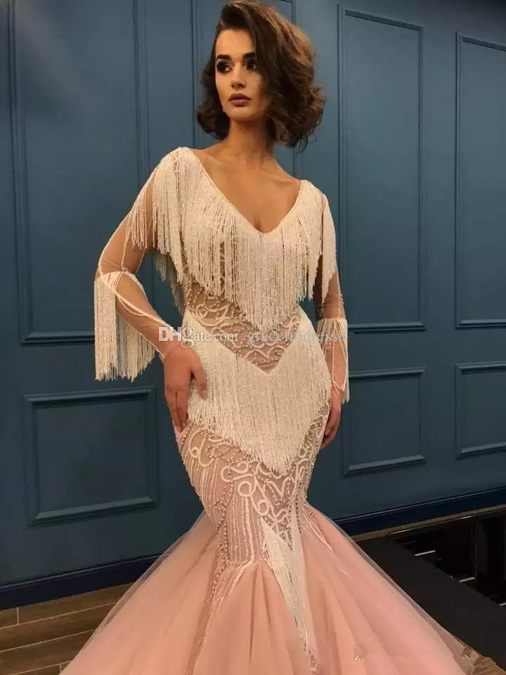 Tassel Beaded Pink Mermaid Prom Dresses Long Sleeve V Neck Evening Gowns Lace Appliqued Sweep Train Luxury Formal Dress