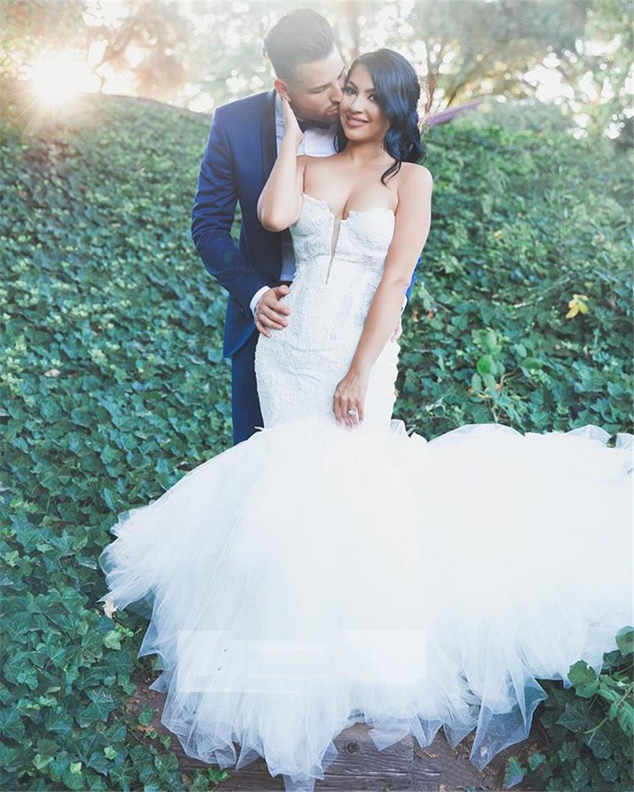 Luxury Ivory Lace Mermaid Wedding Dress For Bride Sweetheart Applique Puffy Tulle Dresses Long Train Plus Size Bridal Gowns