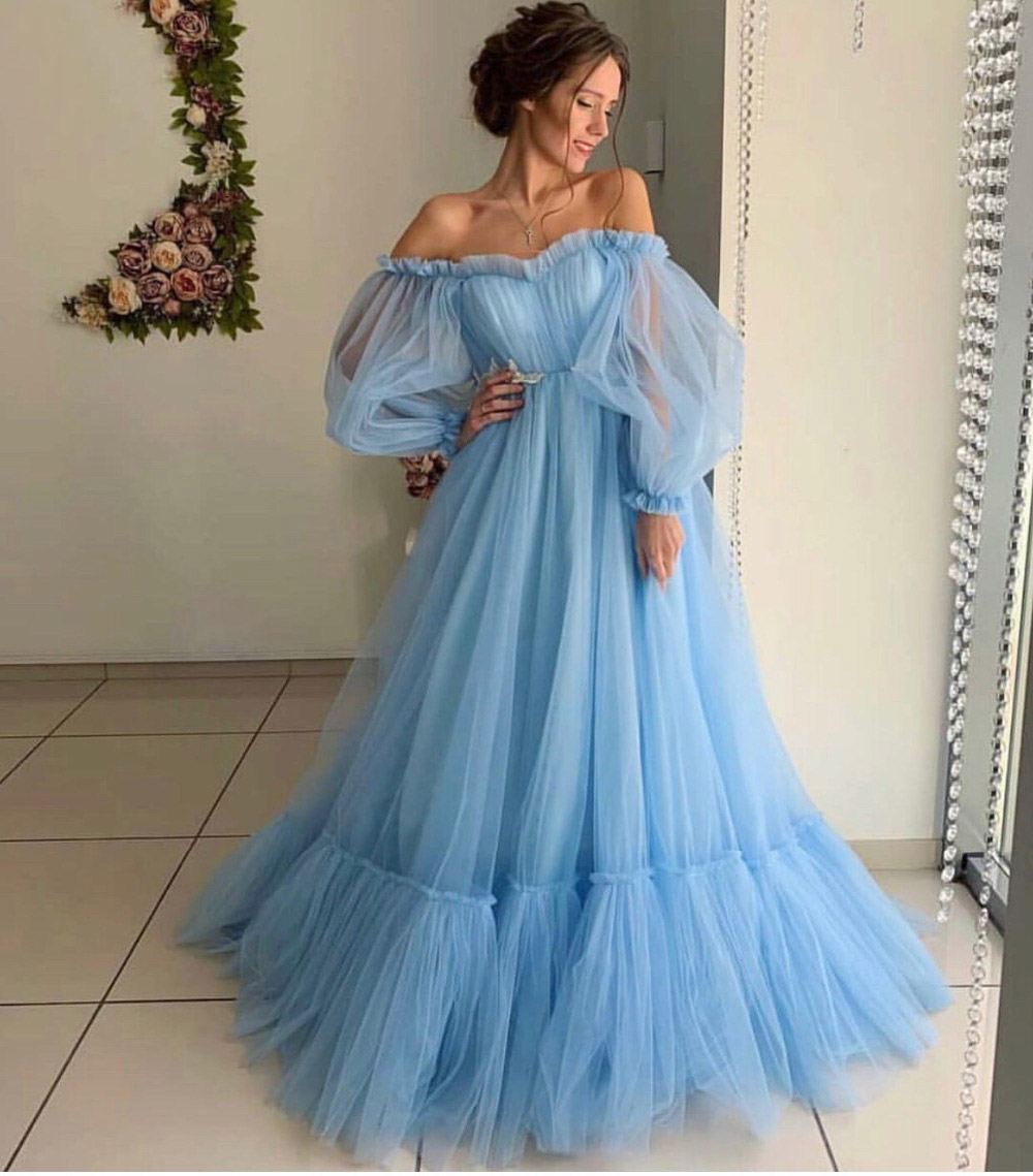 Blush Pink Tulle Evening Dresses Off Shoulder A-Line Long Sleeves Sweetheart Neck Long Maternity Evening Gown for Pregnant Woman