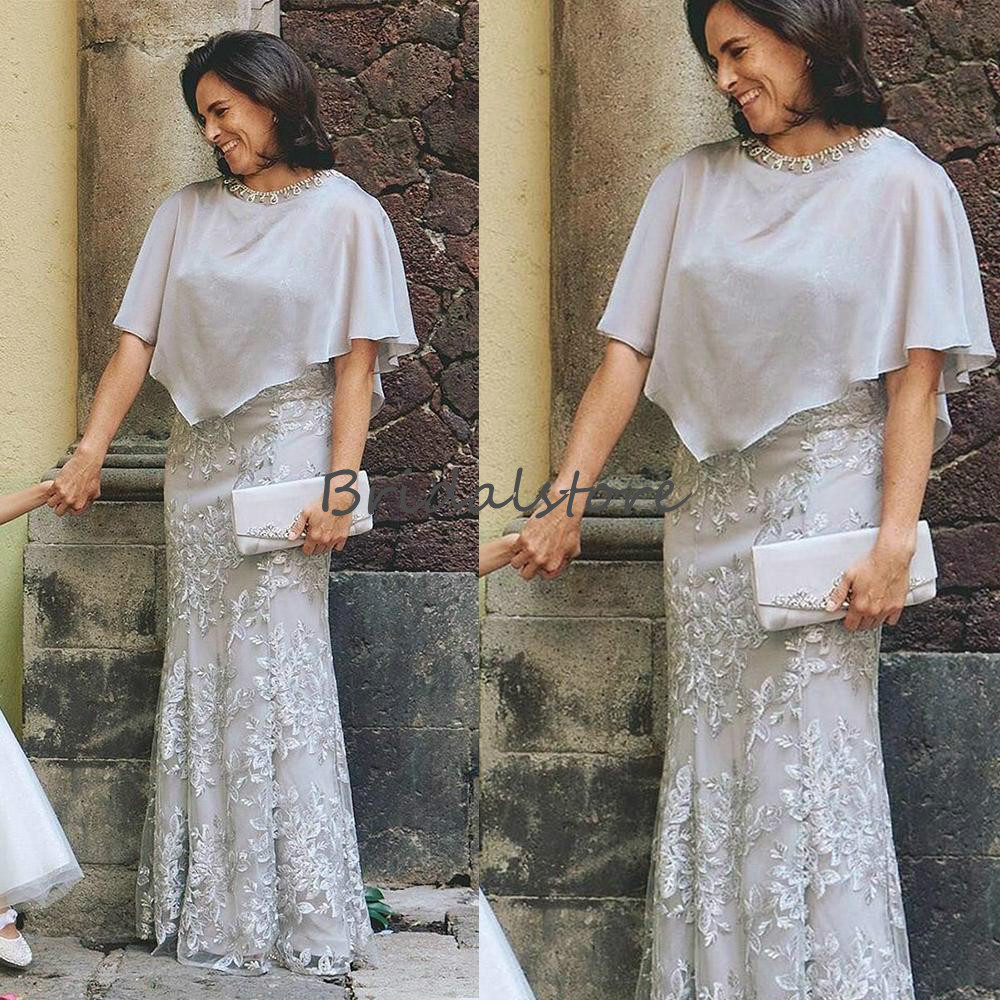 Elegant Silver Mermaid Mother Of The Bride Dresses With Mantle 2020 Plus Size Lace Wedding Guest Dress Vintage Groom Mom Formal Party Gowns