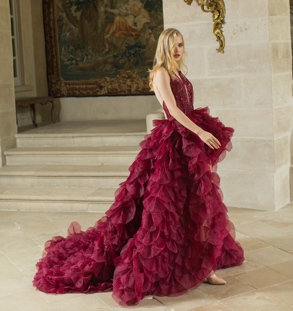 2020 Hi-lo Evening Dresses Sexy Backless Halter Beads Sequins Ruched Tiered Tulle Prom Dress Custom Made Formal Sweep Train Evening Gown