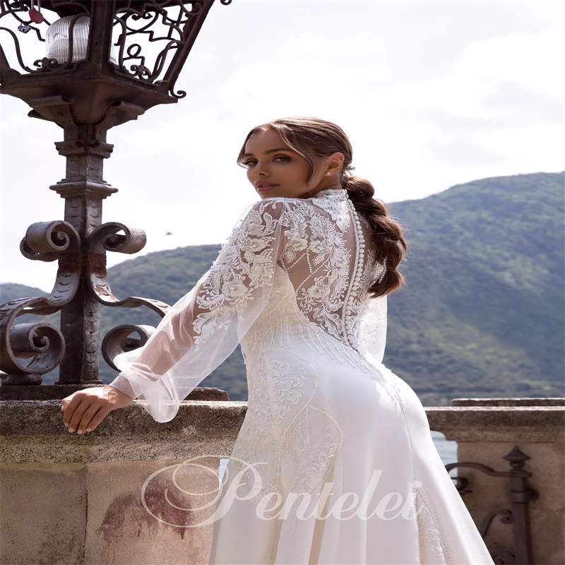 High-neck Pentelei A-line Wedding Dresses Long Sleeve Lace Appliqued Beach Bridal Gown Ruched Satin Custom Made Boho Vestidos De Novia