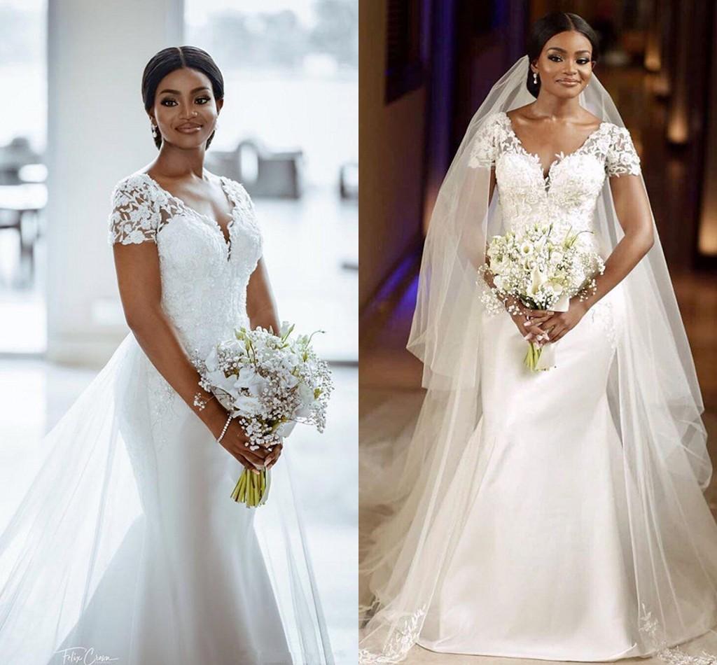 Arabic Aso Ebi Mermaid Wedding Dresses with Detachable Train 2021 Lace Stain V-neck Princess Bride White Dress Vestidos playa, Silver
Arabic Aso Ebi Mermaid Wedding Dresses with Detachable Train 2021 Lace Stain V-neck Princess Bride White Dress Vestidos playa, Silver