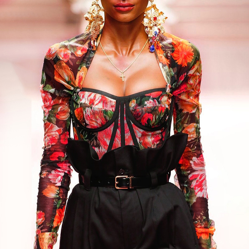 Vente chaude InstaHot Floral Mesh Boat Neck Top sexy à manches longues Crop Femmes Party Club Skinny Patchwork T-shirt Office Lady Vintage Top