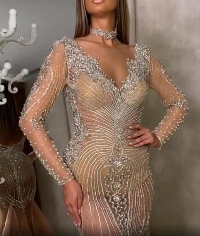 arabic aso ebi champagne luxurious mermaid evening dresses beaded crystals prom dresses sexy formal party second reception gowns zj055