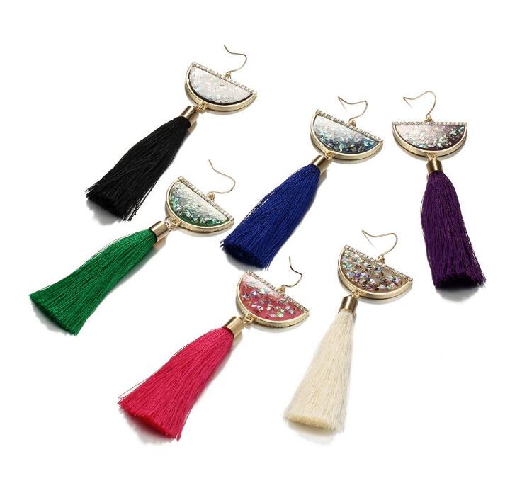 Bohemian Crystal Tassel Earrings Black White Blue Red Green Silk Fabric Long Drop Dangle Tassels Earrings For Women Jewelry Gifts GD556