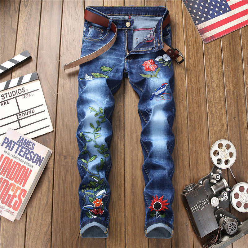 Sokotoo Men's floral embroidery stretch denim jeans Fashion slim fit pencil pants for man