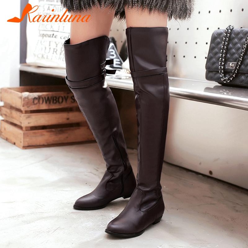 Karin New Brand Over-the-knee Boots Bukle Strap Classics Solid Flat with Short Plush Comfortable women shoes, Beige