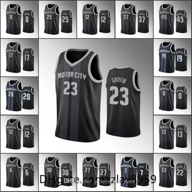 Men Derrick Rose Luke KennardDetroit Christian Wood Langston Galloway Wayne EllingtonPistons Black City Jersey