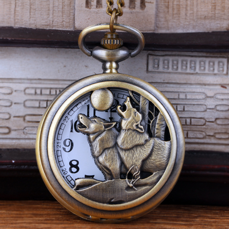 Antique Wolf Hollow Quartz Pocket Watch Bronze Color Animal Vine Fob Pendant Waist Chain Clock Men Women Watches Fob Chain Male9723907