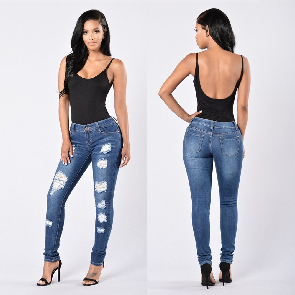Jeans Woman Casual Mid Waist Skinny Hole Ripped Jeans for Women Fashion Denim Blue Pants Streetwear Plus Size jeans mujer D25 CX200815