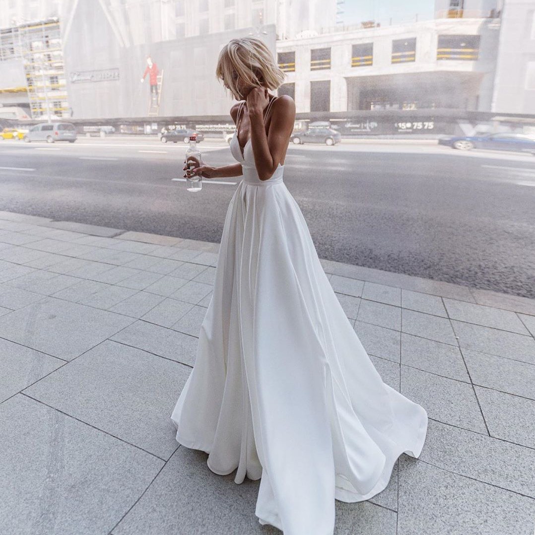 New Plus Size Cheap Beach Wedding Dresses 2021 Vestido De Novia Modest Long Satin Greek Style Boho White Bridal Gowns