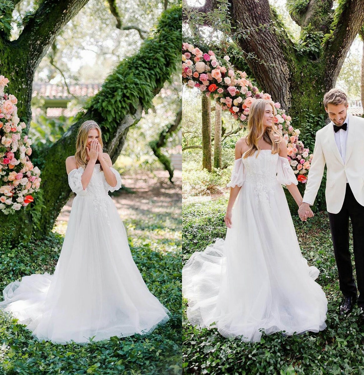 Country A Line Wedding Dresses Elegant Off Shoulder Lace Appliques Birdal Gowns Short Sleeve Backless Wedding Robes