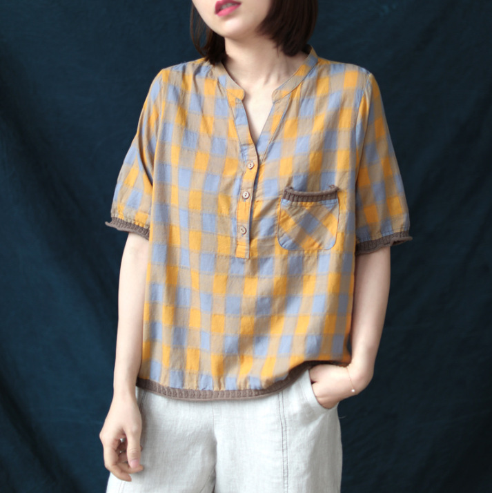 FairyNatural Ladies Vintage Loose Casual Pullover Shirts 2020 New Stand Button Short Sleeve Plaid Mori Girl Summer Knit Blouses, Figure 2 
FairyNatural Ladies Vintage Loose Casual Pullover Shirts 2020 New Stand Button Short Sleeve Plaid Mori Girl Summer Knit Blouses, Figure 2