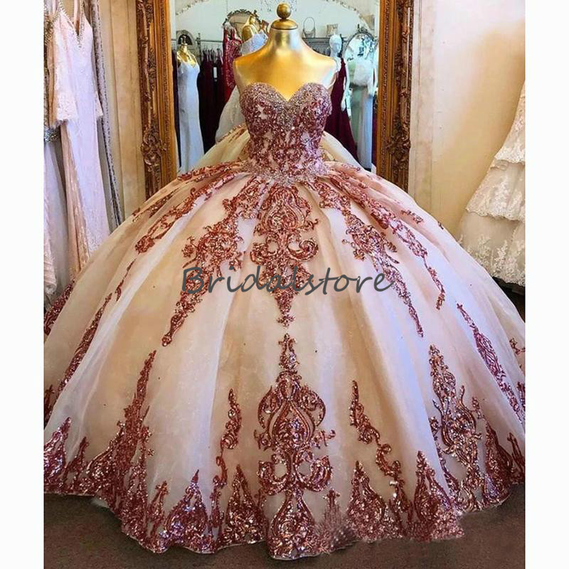 Sparkly Rose Gold Sequin Quinceanera Dresses Organza Puffy Ball Gown Sweet 16 Dress 2021 Sweetheart Beaded Crystal Corset Back Brithday Gown