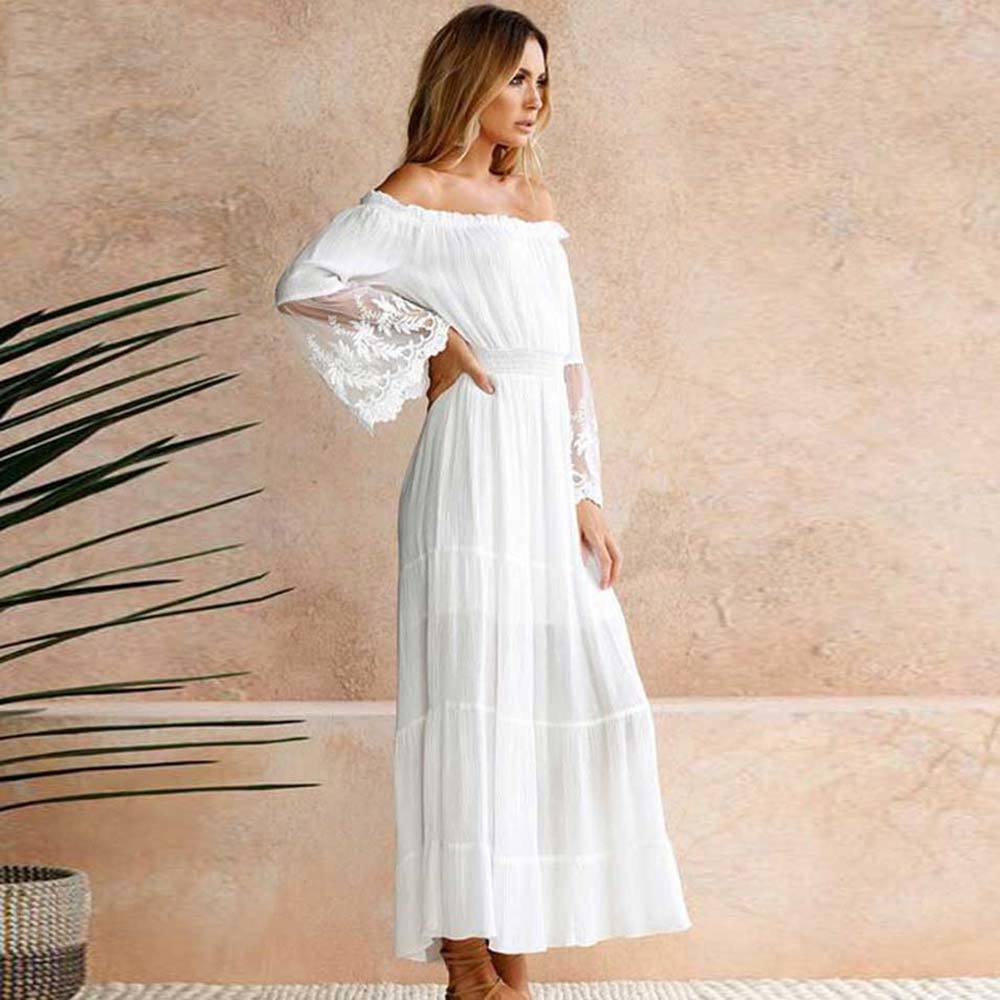 WildPinky Summer Sundress Women White Beach Dress Strapless Long Sleeve Loose Sexy Off Shoulder Lace Boho Chiffon Maxi Dress 200928