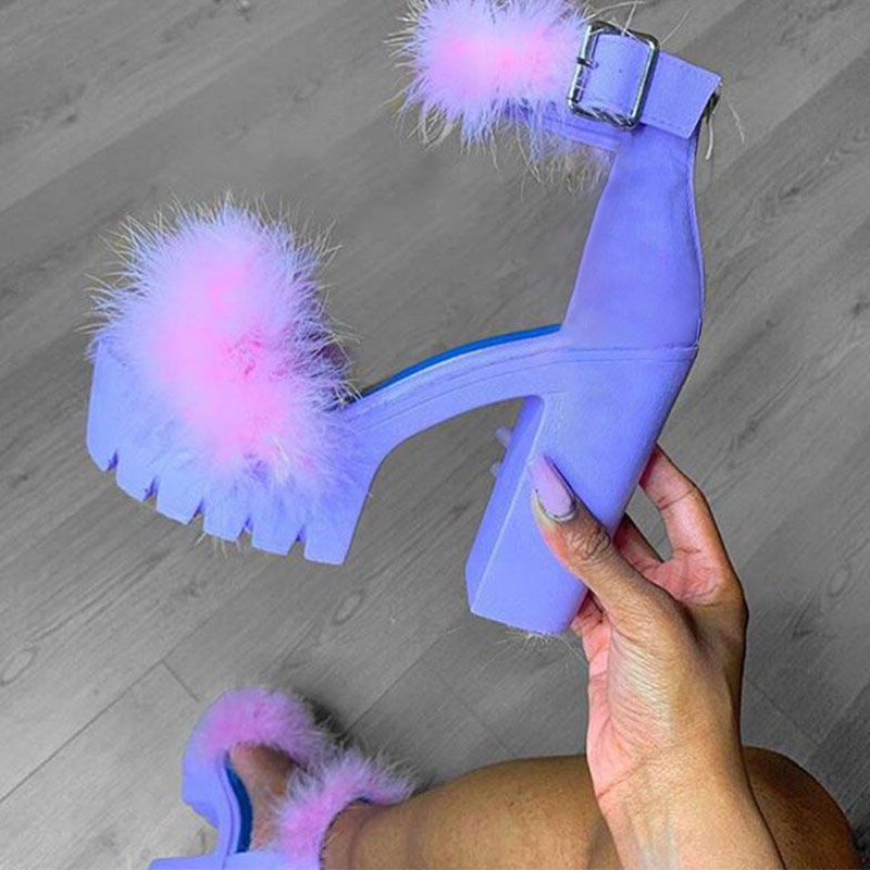 Woman Furry High Heels Pumps Buckle Platform Heels Sandals With Fur Women Square Heel Ankle Strap Open Rubber Party 20201