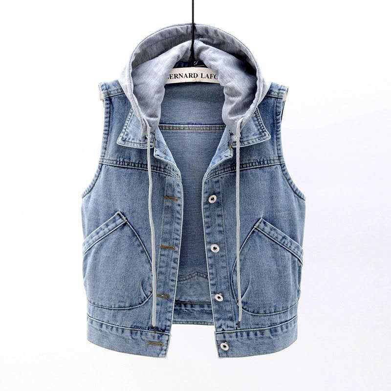Streetwear short paragraph jean hooded vest women Casual denim sleeveless jacket coat famale Vintage autumn clothing with pocket, Wathet
Streetwear short paragraph jean hooded vest women Casual denim sleeveless jacket coat famale Vintage autumn clothing with pocket, Wathet