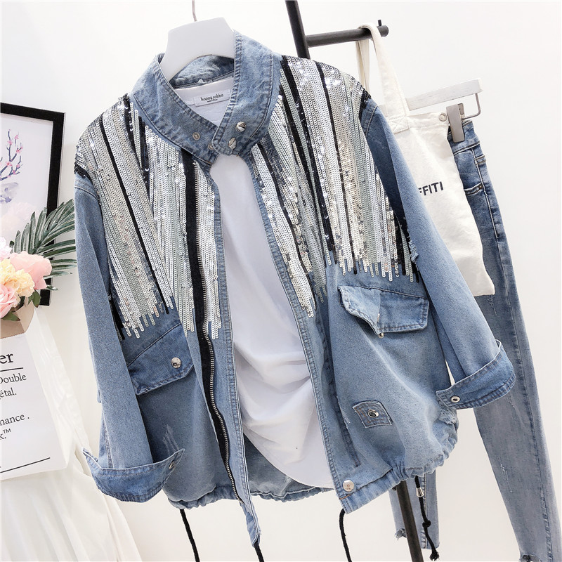 Spring New Designer Denim 2020 Ladies Harajuku Loose Sequins Jeans Jacket Women Basic Coat Casual Streetwear, Light blue
Spring New Designer Denim 2020 Ladies Harajuku Loose Sequins Jeans Jacket Women Basic Coat Casual Streetwear, Light blue