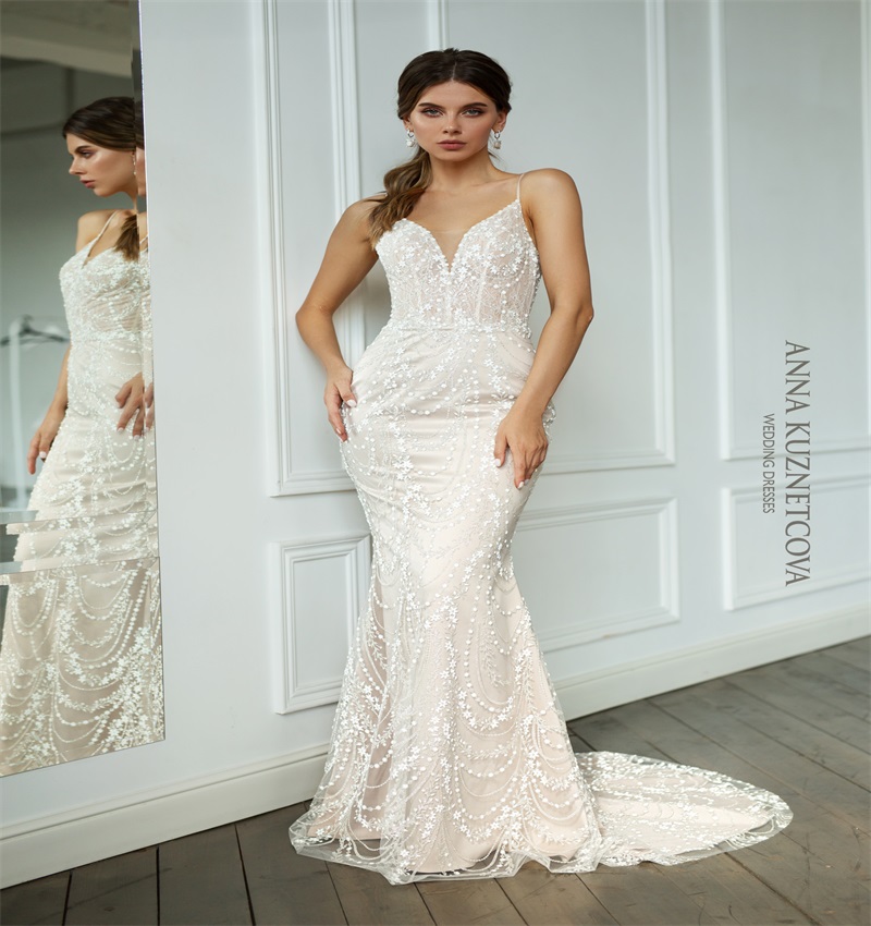 Glitter Anna Kuznetcova 2020 Mermaid Wedding Dresses With Wrap Appliqued Lace Tiered Bridal Gowns Custom Made Long Wedding Dress