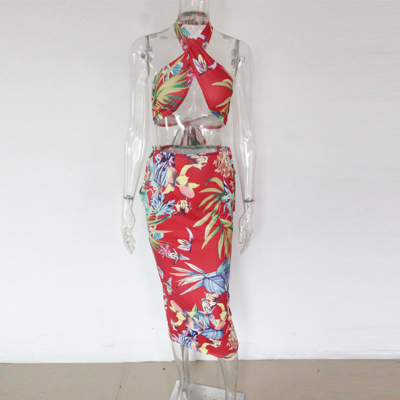 Beyprern Tropical Tied Skirt Set (Green) Womens Halter Neck Floral Crop Top And Maxi Skirt Set Two Pieces Outfits Beach Suits T200903