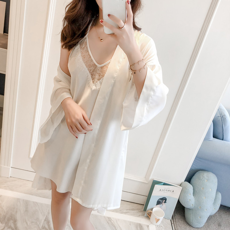 2020 NEW Sexy Lace Trim Long Sleeve Home Dress Sleepwear Nightgown Kimono Bathrobe Suit Bride Bridesmaid Wedding Robe Set