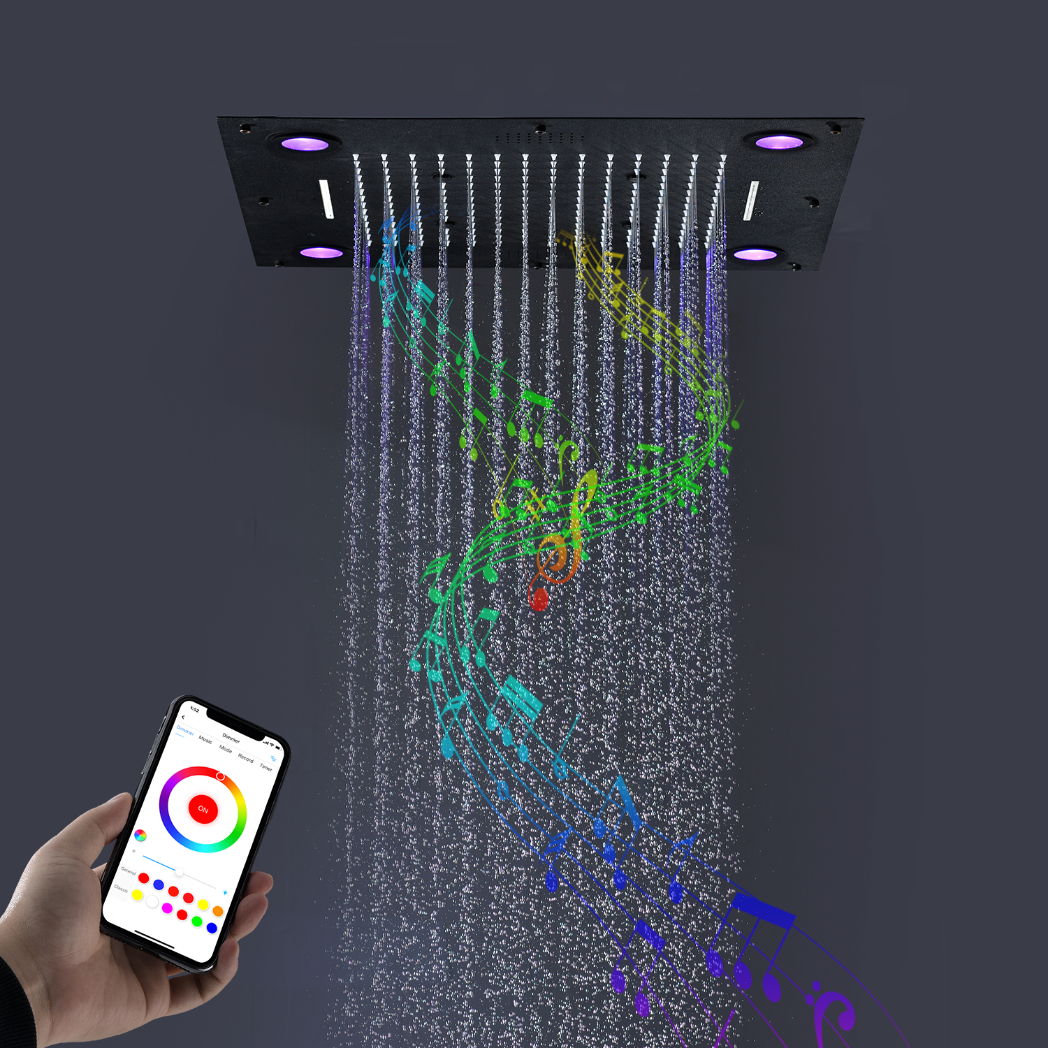 Bluetooth Music Shower Head Bathroom Ceiling LED Shower Set Rainfall Waterfall Black Showerhead Faucets Thermostatic Concealed Mixer