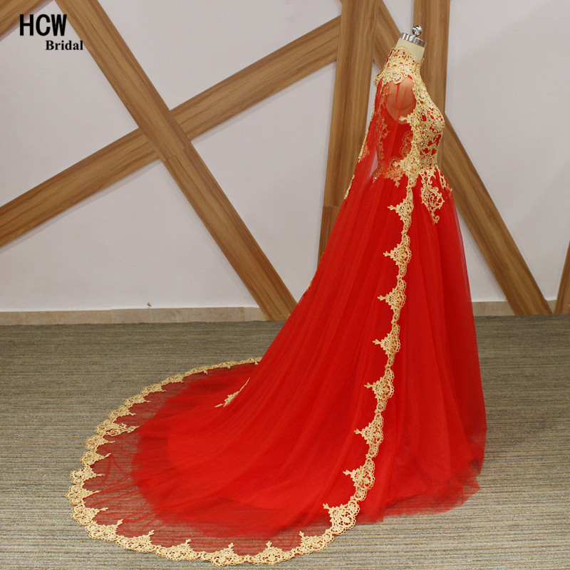 Long Red Prom Dresses With Gold Lace Sparkly Beaded Tulle A Line Arabic Prom Gowns With Cloak 2020 Custom Made Formal Dress Y200710