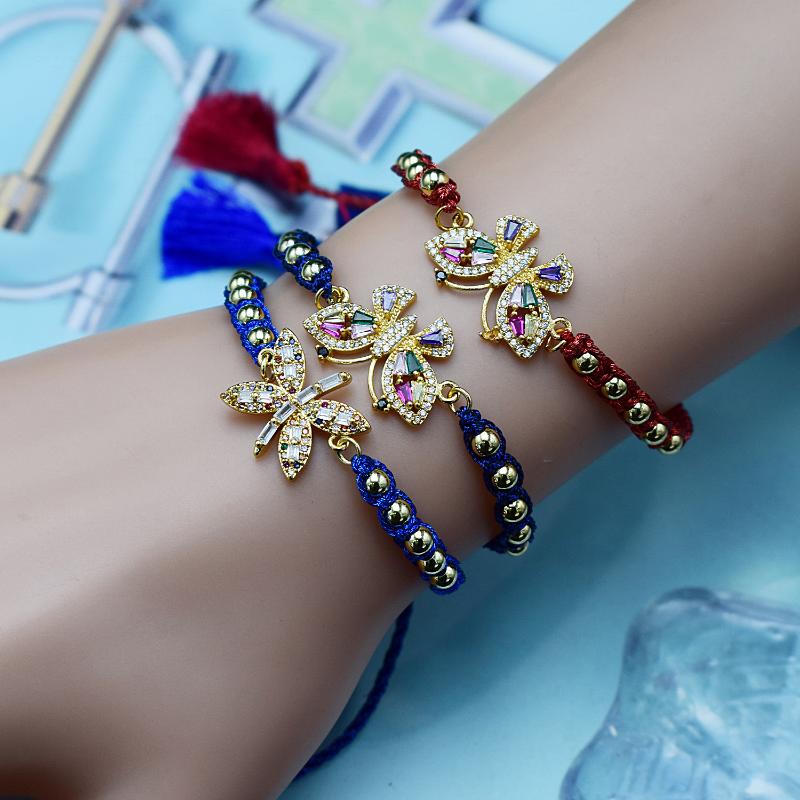 Butterfly Charm Bracelets for Women Adjustable Steel Beads Braided Tassel Bracelet Wedding Jewelry Rainbow Zircon Bracelet