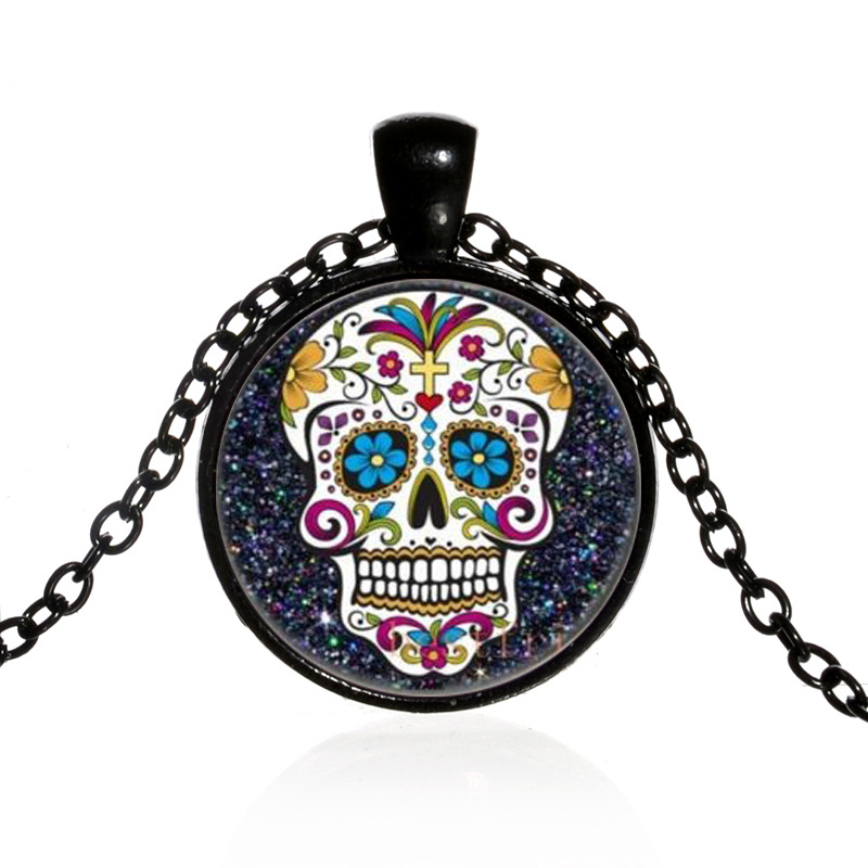 Pendant Necklaces Mexican Sugar Skull Day Of The Dead Necklace Black Chain Skeleton Glass Jewelry Classic XL152
Pendant Necklaces Mexican Sugar Skull Day Of The Dead Necklace Black Chain Skeleton Glass Jewelry Classic XL152