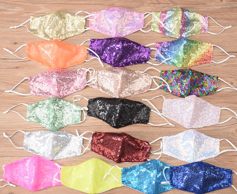 Women's Girl's Sequins Face Mask For Shopping Party Wedding Wearing Sparkle Washable Reusable Bling Face Covers 19 colors Masks