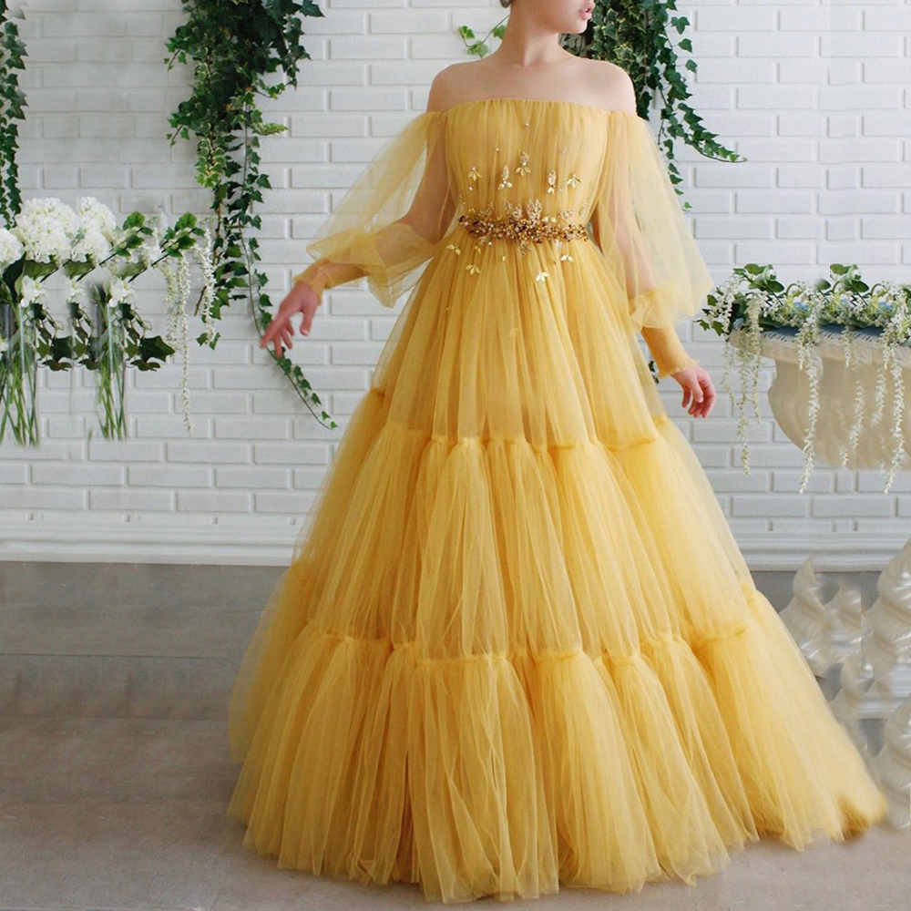 Bright Yellow Evening Dress Tiered Skirt Bead Waist Girl Prom Gown Tulle Long Sleeves Off Shouler Formal Party Dress A line