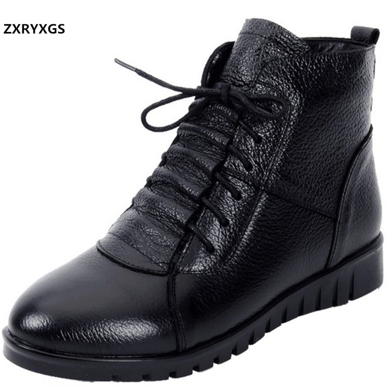 2020 New Lace-up Side Zipper Genuine Leather Boots Winter Boots Warm Shoes Flat Comfortable Women Winter Shoes Warm, Black