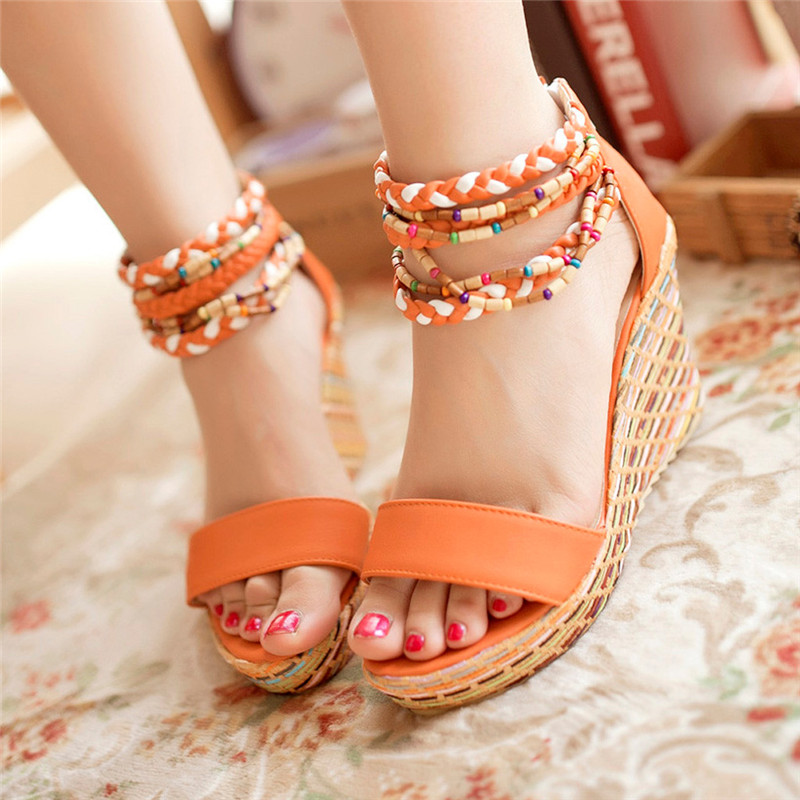Fashion Women Summer Sandals Shoes Buckle Strap Leisure Platform Wedges Sandals Wedges High Heels Shoes, Blue