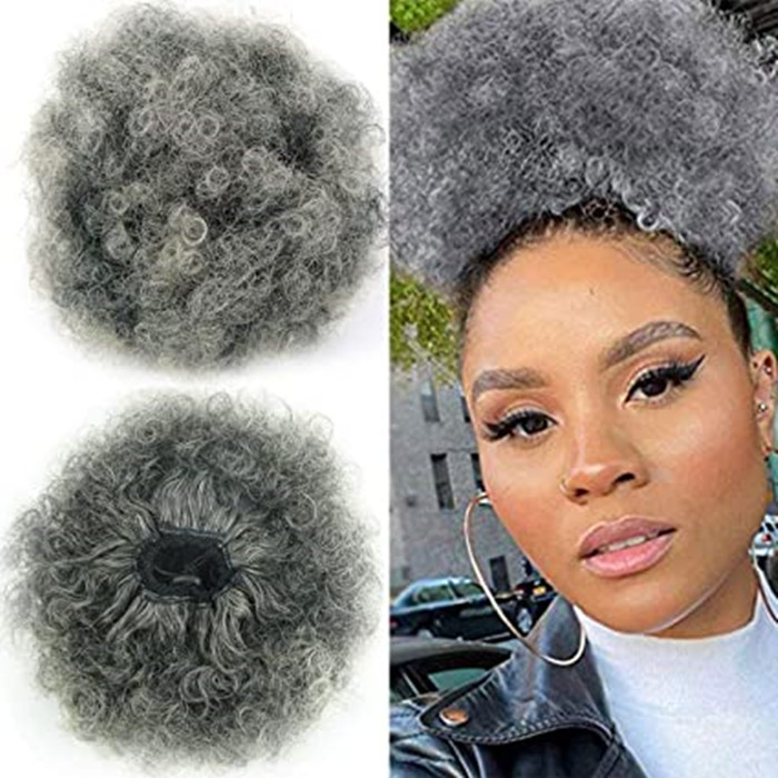 Natural Brazilian Virgin Human silver Puffs Drawstring Grey Ponytail Bun Hairpieces Updo Hair Puff afro Kinky Curly Large Size Gray short pony
