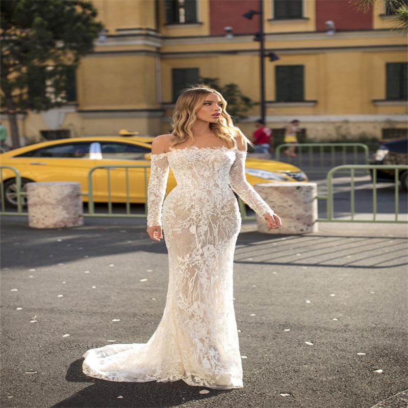 Luxury Mermaid Wedding Dresses With Detachable Train Appliqued Lace Tiered Bridal Gowns Long Sleeves Custom Made Long Wedding Dress