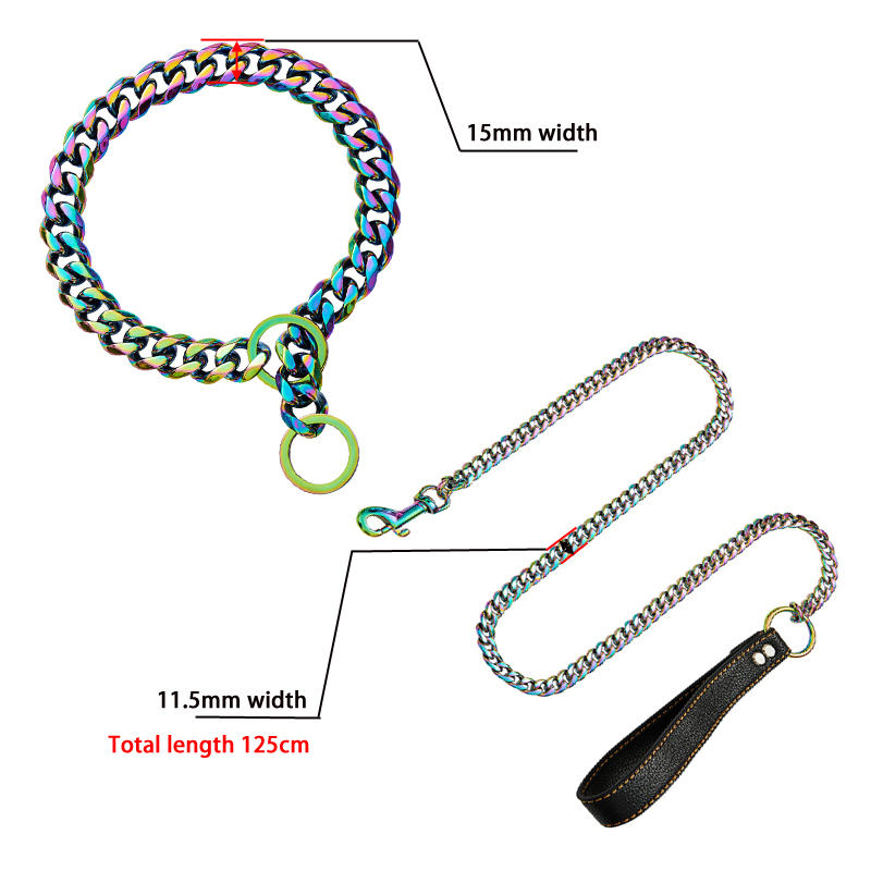 18K Colorful Plated Stainless Steel Dog Collar and Leash Choke Chain for Large Dogs Pitbull Rottweiler Pet Stuff Accessories