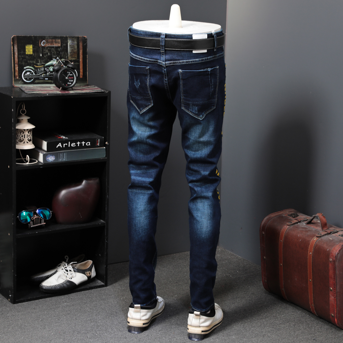 Autumn Holes Patch Jeans Male Elastic Tiger Head Leisure Time Jeans Long Pants Embroidery Printing MX200814