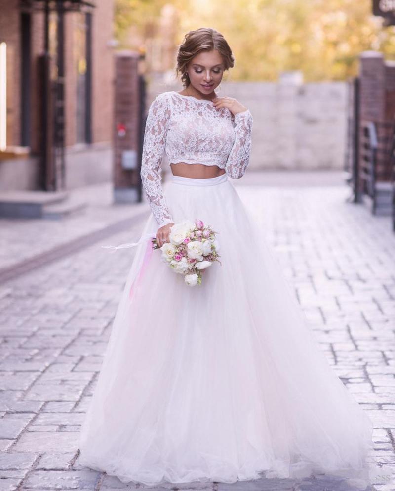 2020 Boho 2 Pieces Wedding Dress Illusion Lace Top Long Sleeve Country Wedding Dress Tulle Skirt A Line Sweep Train Bridal Gowns