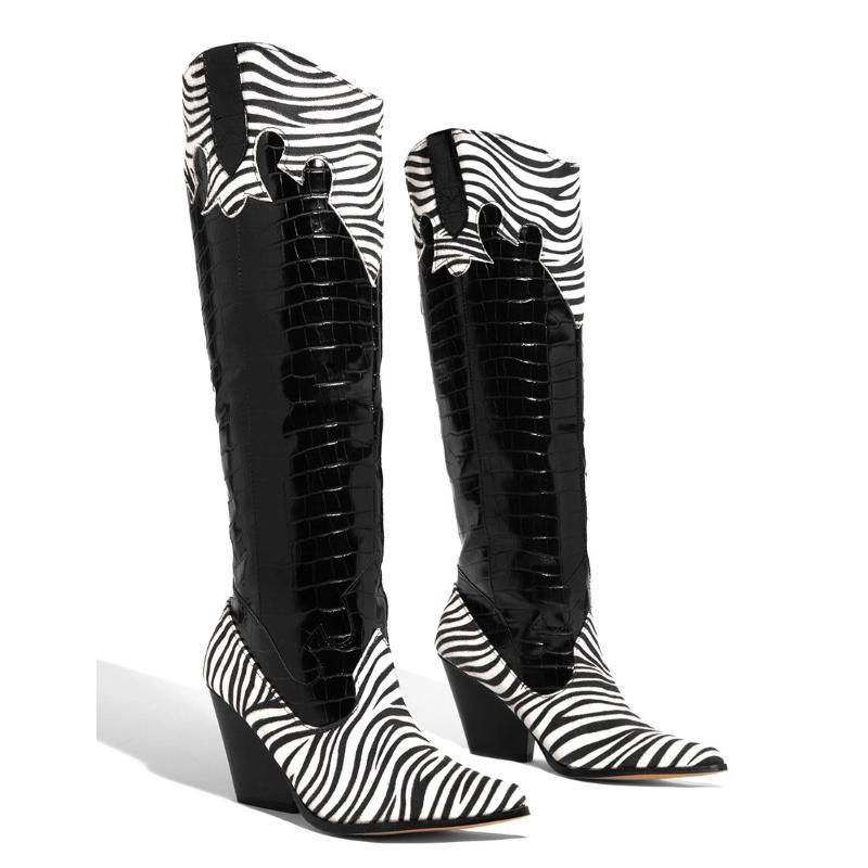 fashion snack zebra pattern women long boots pu leather high heels shoes for woman platform street autumn winter