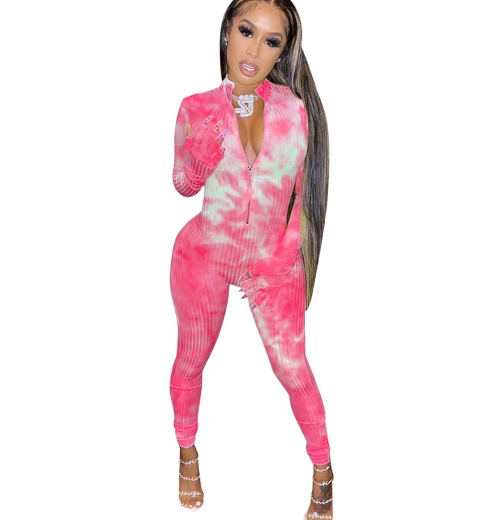 New Sexy Womens dresses Onesies Desinger Jumpsuit Rompers Tie Dyed Print Slim Long Sleeve Zipper Ladies Casual Pant One Piece Clothing